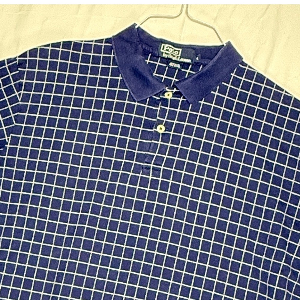 Polo Ralph Lauren Mens Grid Check Polo Shirt Blue White Cotton Size L